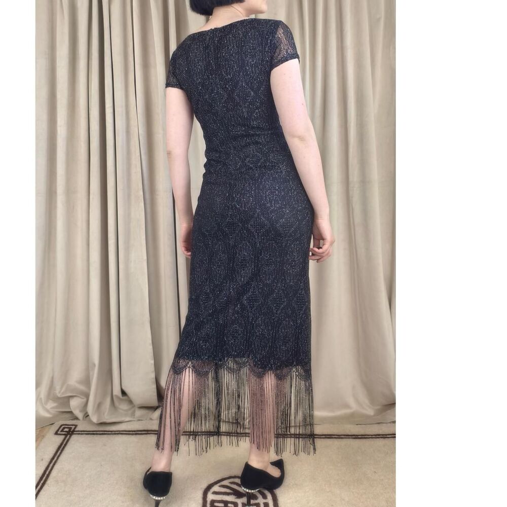 Vintage Onyx Nite Black Silver Metallic Lace Dress with Fringe Hem - Picture 3 of 8